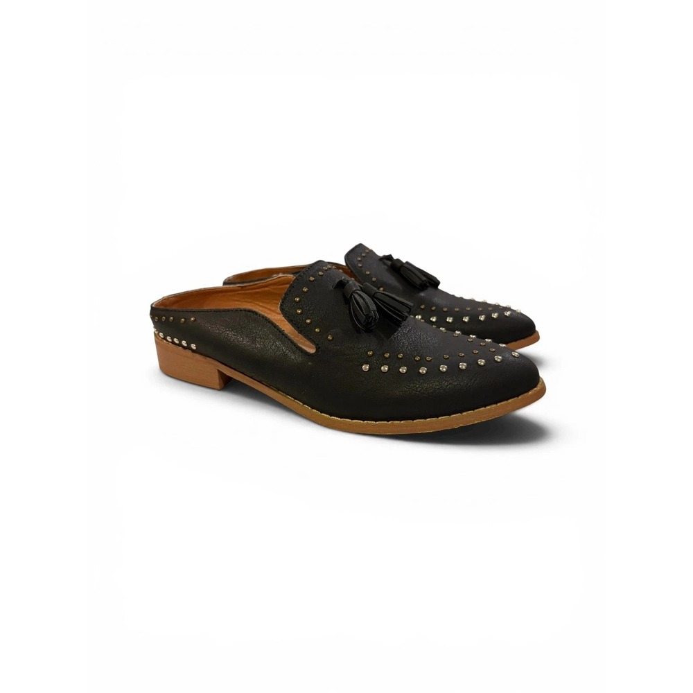 Miim Leather Mules Black Studded tassel Flats Loafers slip on women's size 7
